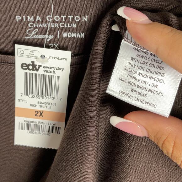 Pima Cotton Charter Club Womens Size 2X Brown Long Sleeve Shirt - Picture 4 of 7
